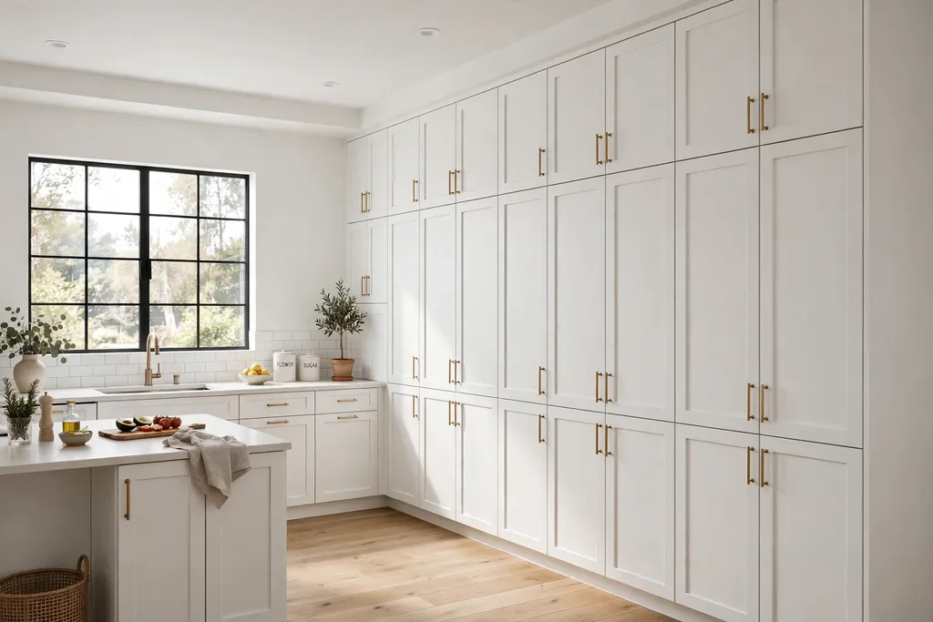 A white kitchen with a tall floor to ceiling pantry wall of cabinets.