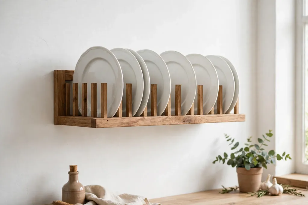 A white kitchen wall with a wooden plate rack holding white plates.