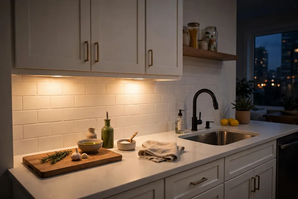 A white kitchen counter lit by warm under-cabinet lighting in the evening.