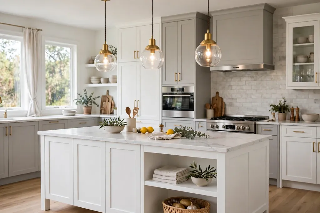 A white kitchen island with three pendant lights hanging above it.