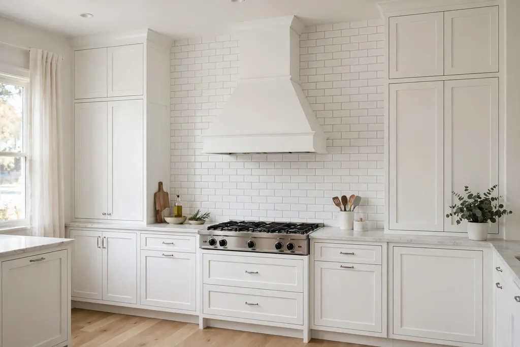 A white kitchen with a white chimney range hood as the focal point of the cooking wall.
