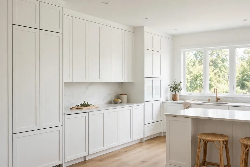 A white kitchen with panel-ready appliances hidden behind matching cabinet fronts.