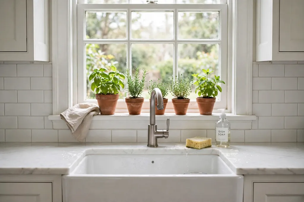 A white kitchen window above a sink with small pots of herbs on the sill.