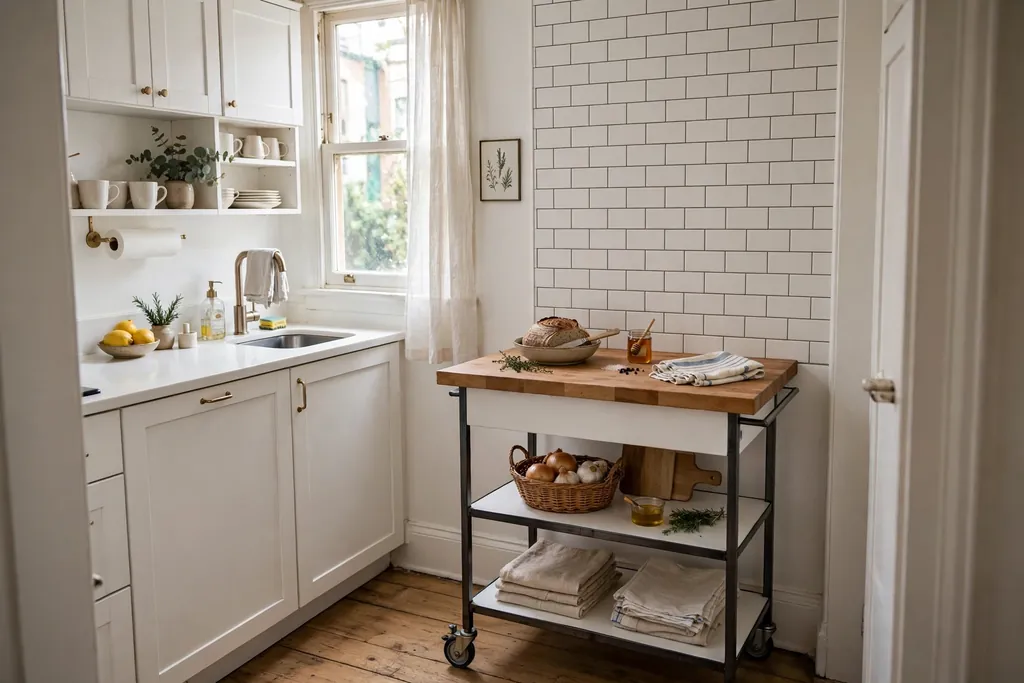 A small white kitchen with a rolling island cart with a wood top.