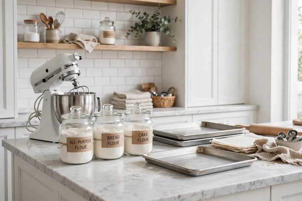 A white kitchen baking station with a mixer, glass jars of flour, and baking trays.