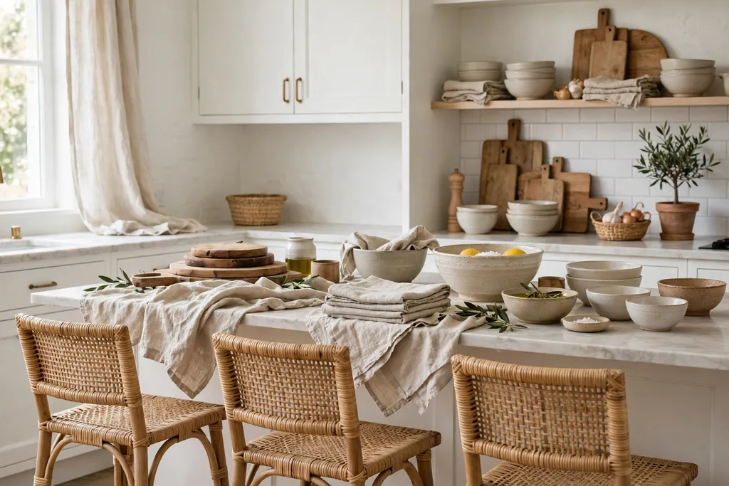 A white kitchen layered with linen, rattan stools, wood boards, and ceramic bowls.