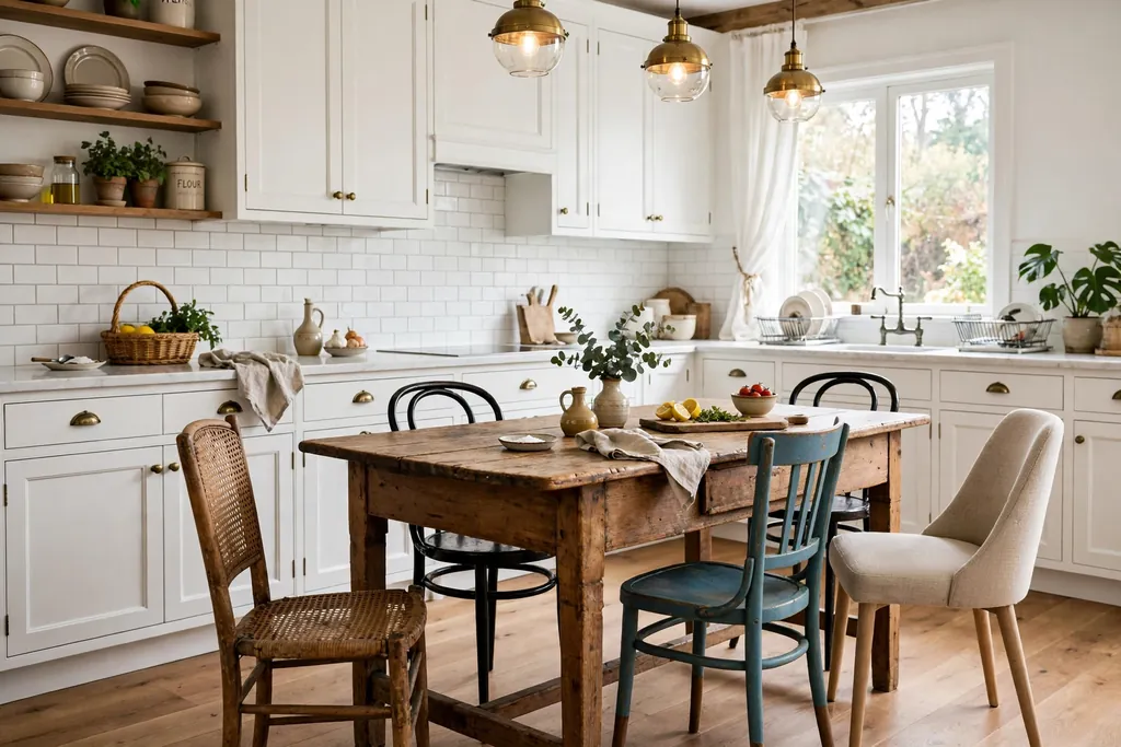 A white kitchen with a vintage wood table used as an island and mismatched chairs.