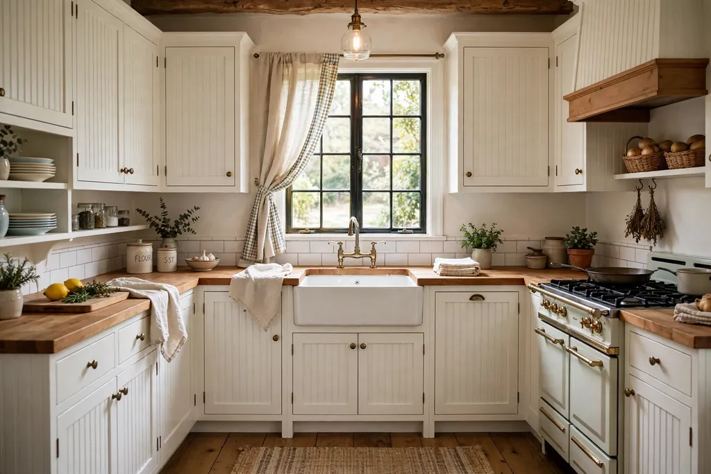 Cottage kitchen with white beadboard cabinets and a farmhouse sink.
