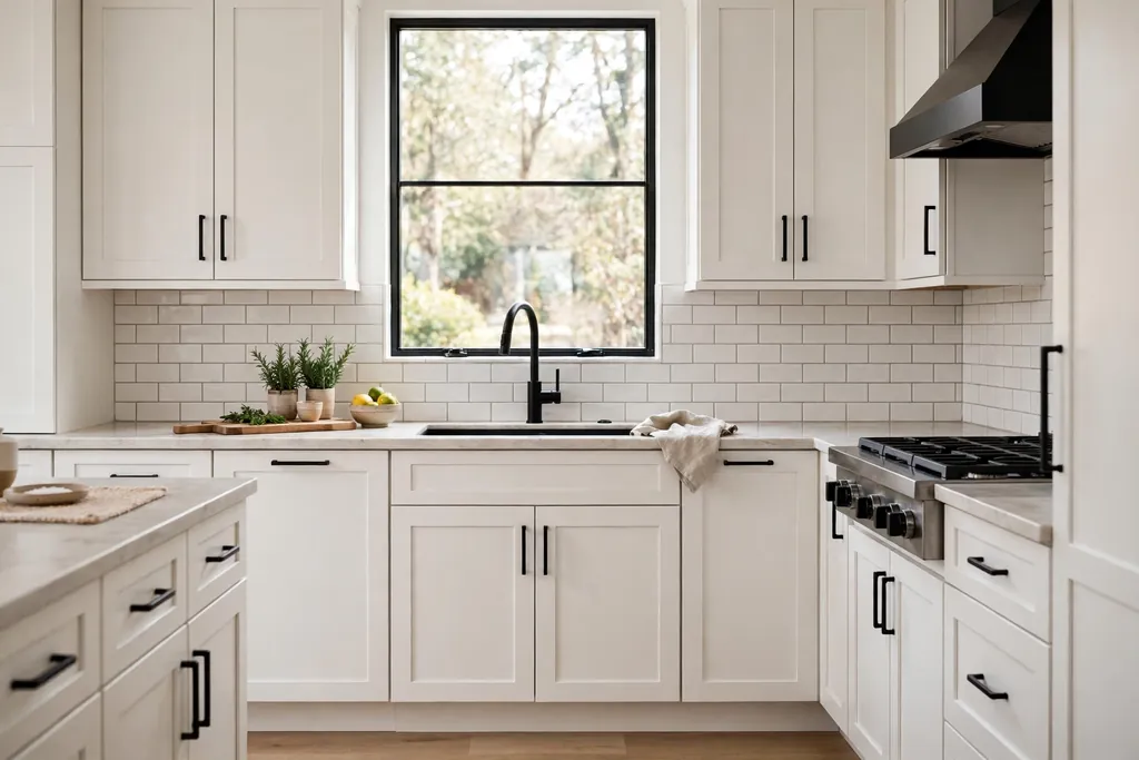 White kitchen cabinets with matte black handles and a black tap.