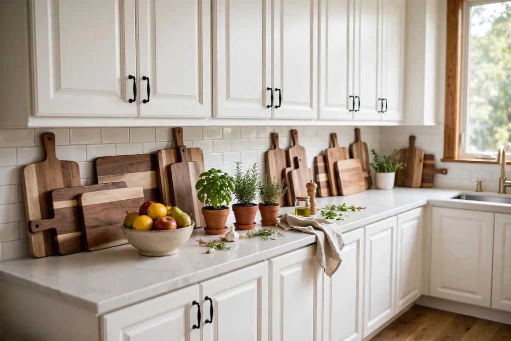 White kitchen cabinets styled with wood boards, a fruit bowl and herb pots.