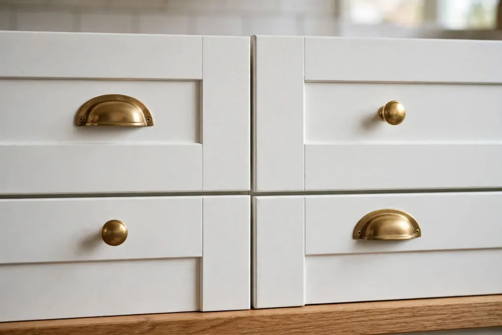White kitchen cabinets with brass knobs and cup pulls.