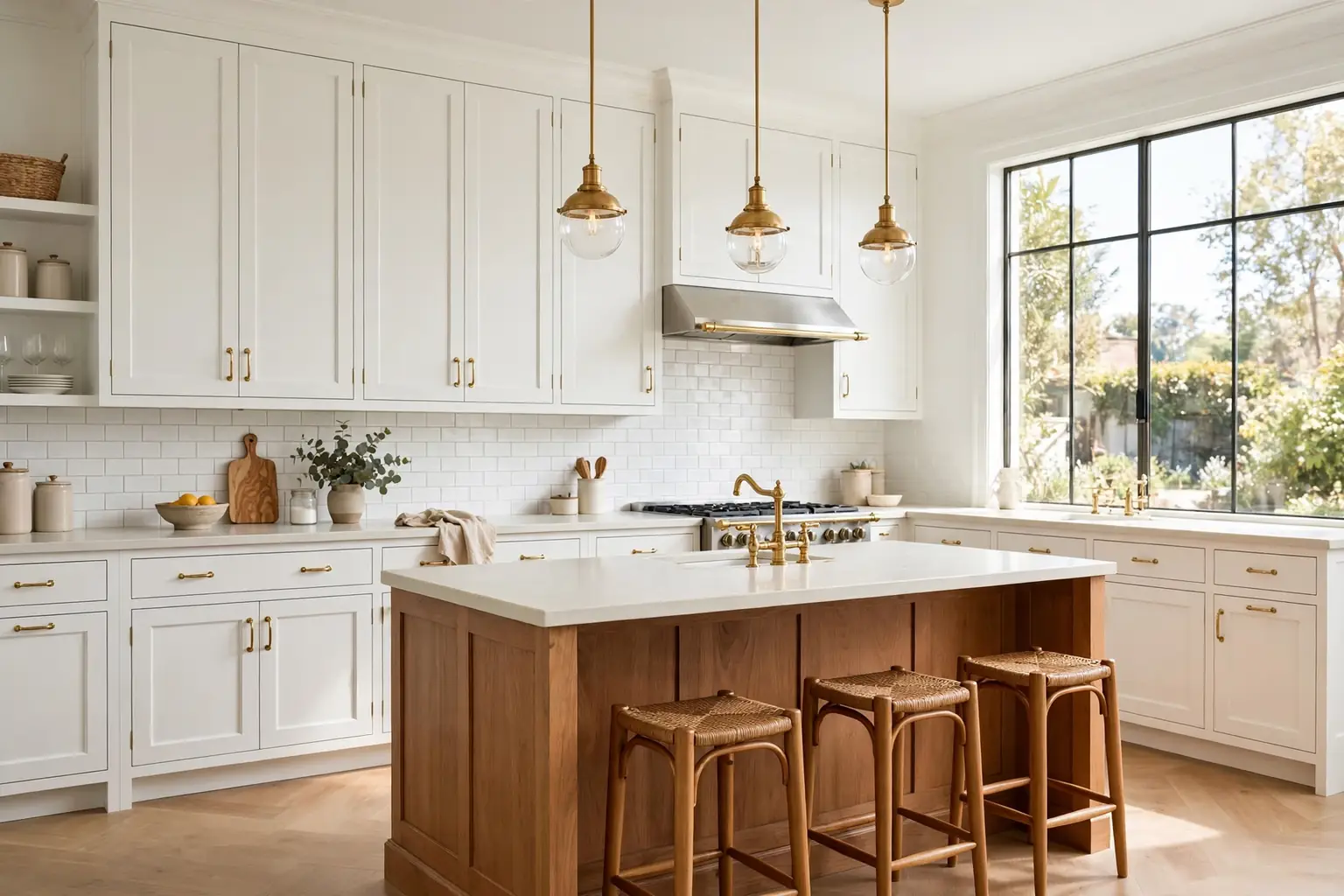 Bright kitchen with white Shaker cabinets, a warm wood island base, brass handles and pale counters.