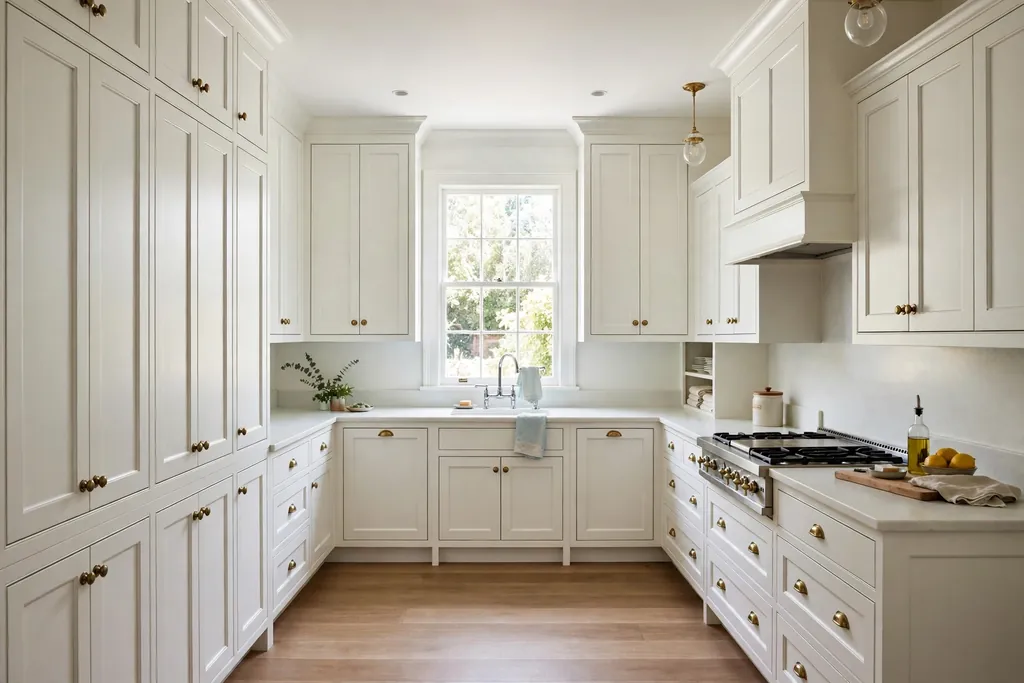Kitchen with classic white Shaker cabinets on every wall and a pale counter.