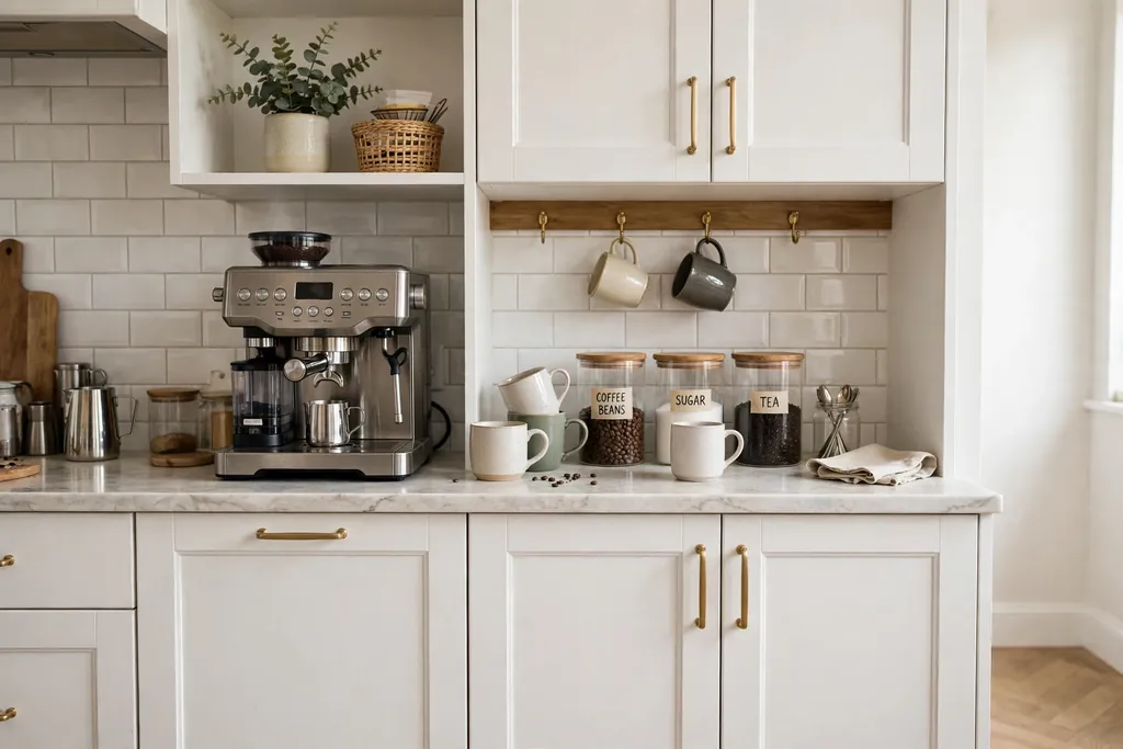 White cabinet coffee station with a coffee machine, mugs and jars.