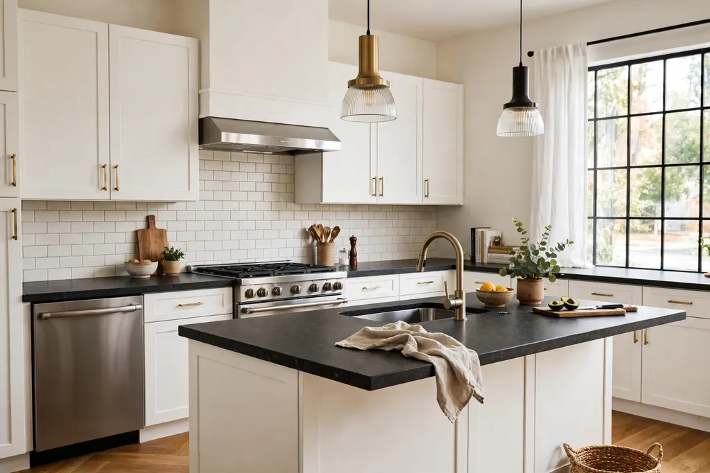 Kitchen with white cabinets and a dark charcoal countertop.