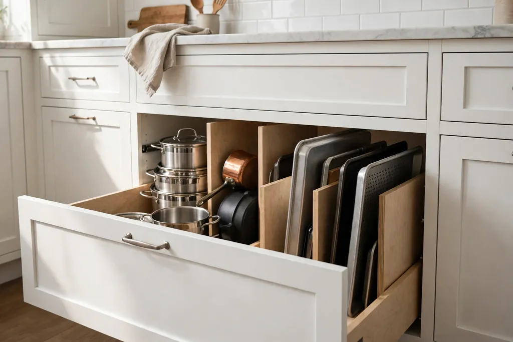 White kitchen cabinets with deep drawers and dividers for pots and trays.