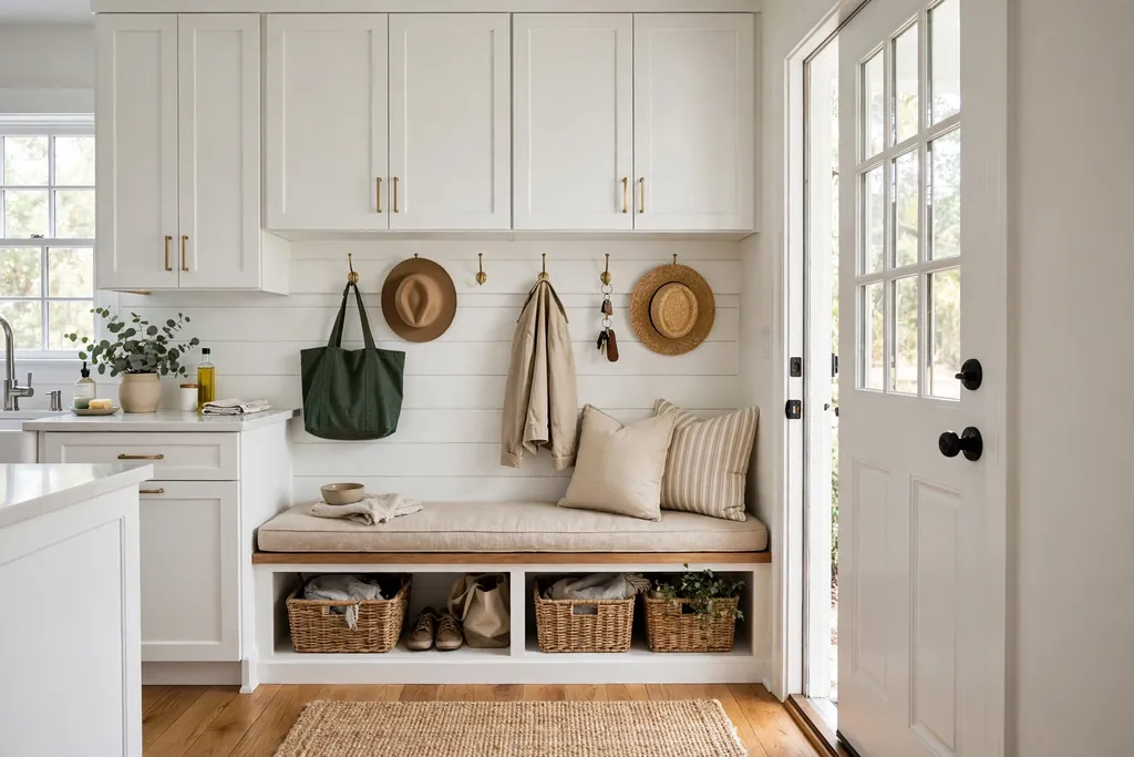 White kitchen cabinets with a bench seat and hooks near a kitchen door.