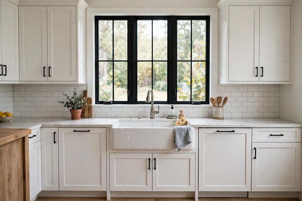 White cabinets around a farmhouse sink under a kitchen window.