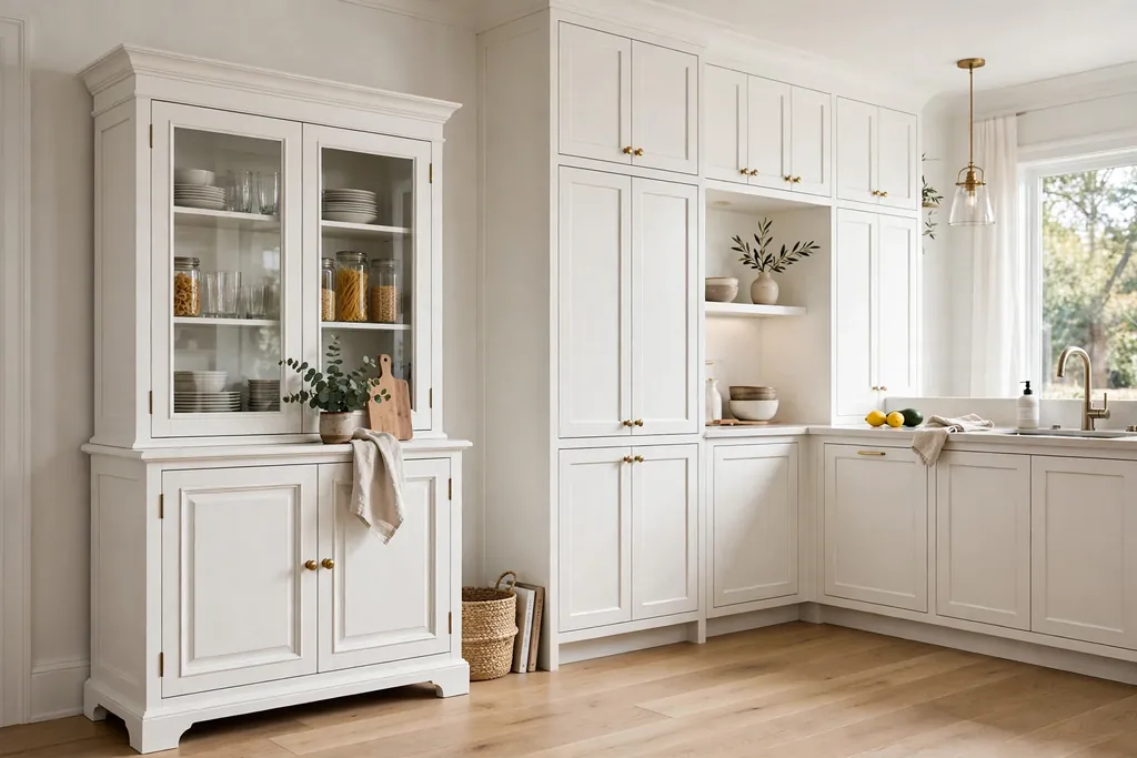 Freestanding white hutch beside built-in white kitchen cabinets.