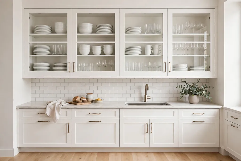 White kitchen cabinets with glass fronts displaying white dishes and clear glasses.