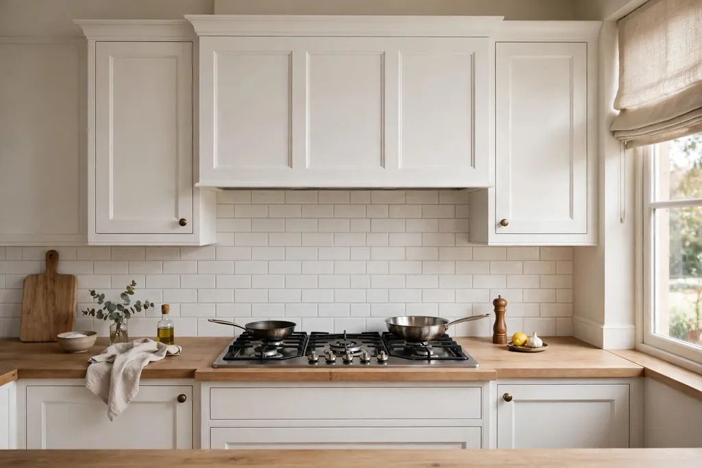 White cabinet panelled range hood cover over a kitchen cooker.