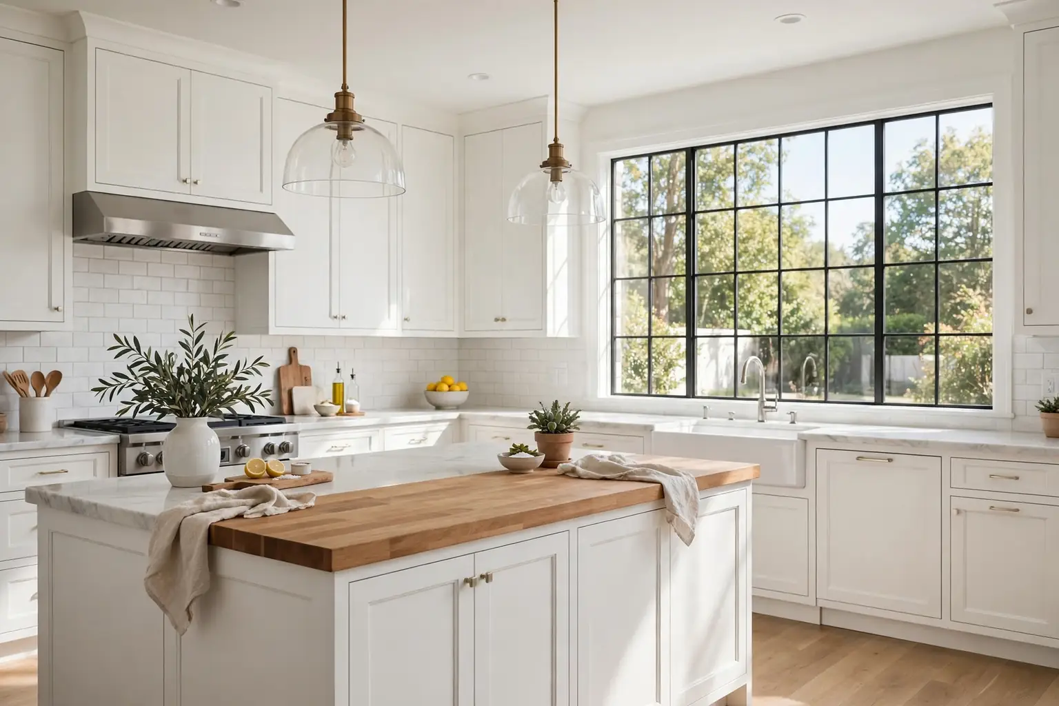 A bright white kitchen with Shaker cabinets, a marble counter, a wood island top, and daylight from a large window.