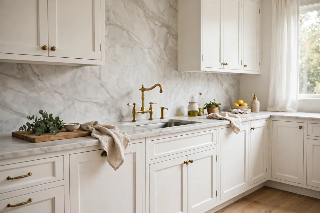 White kitchen cabinets with a marble look backsplash and brass taps.