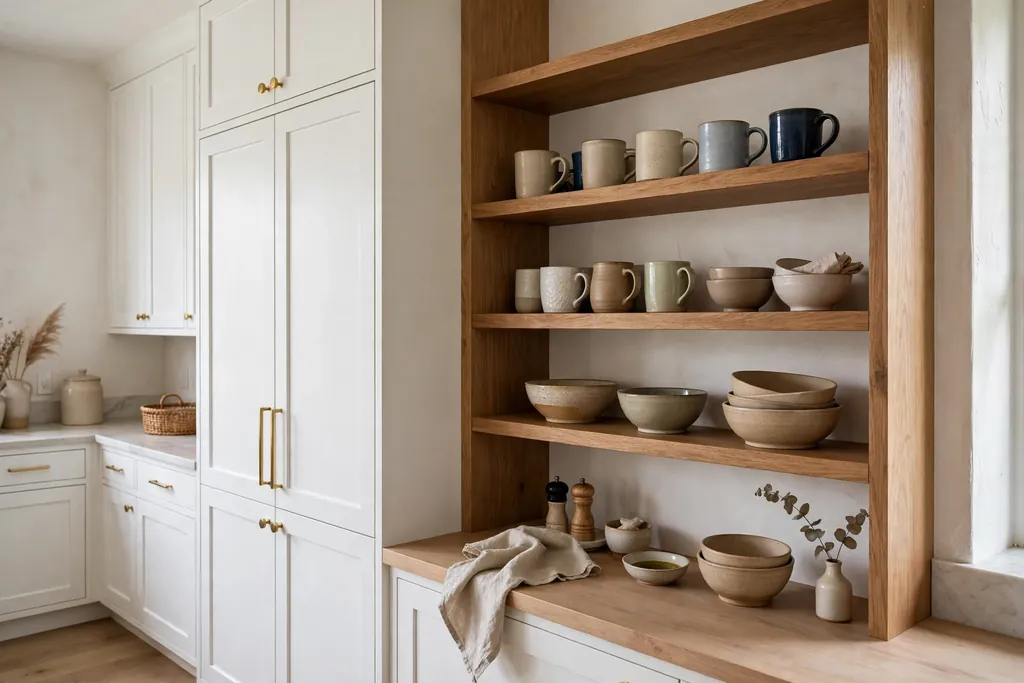 White kitchen cabinets beside open wood shelves with mugs and bowls.