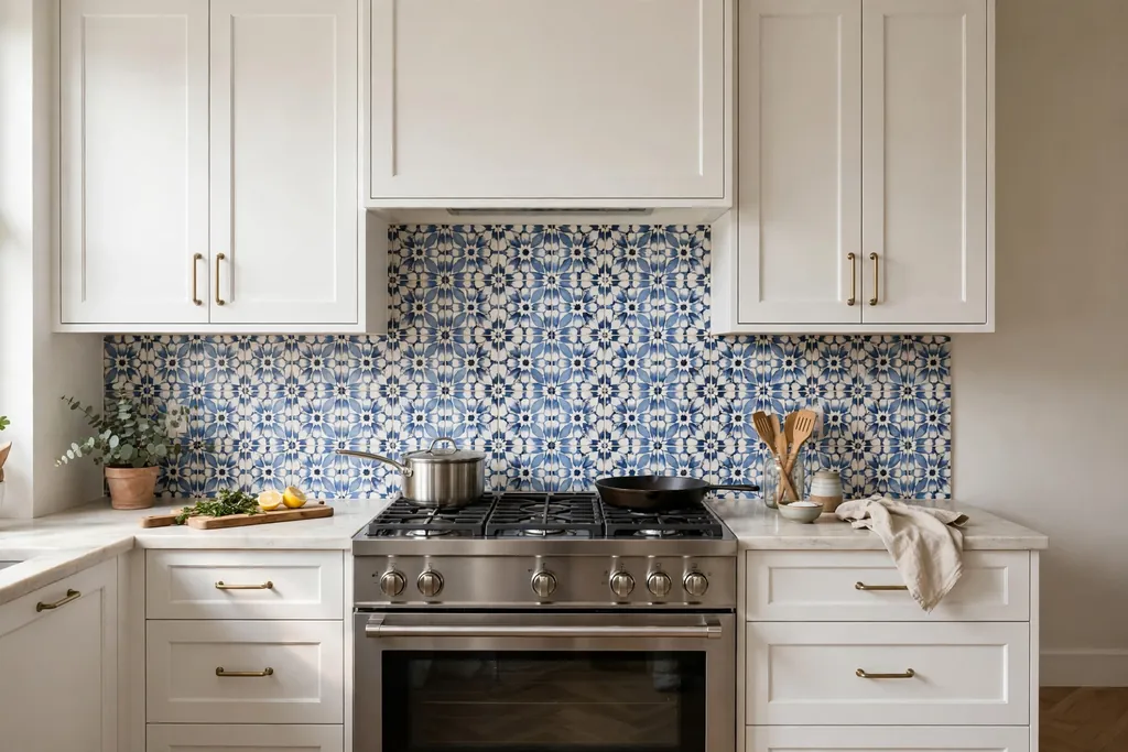White kitchen cabinets with a patterned tile backsplash behind a cooker.