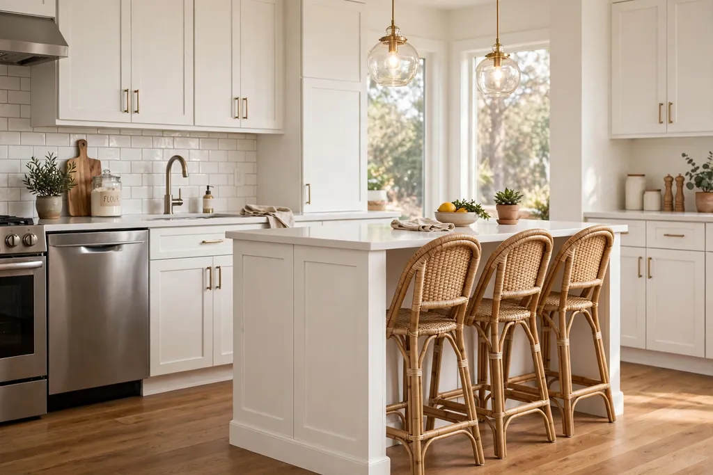 White cabinet peninsula with stools tucked under the counter.