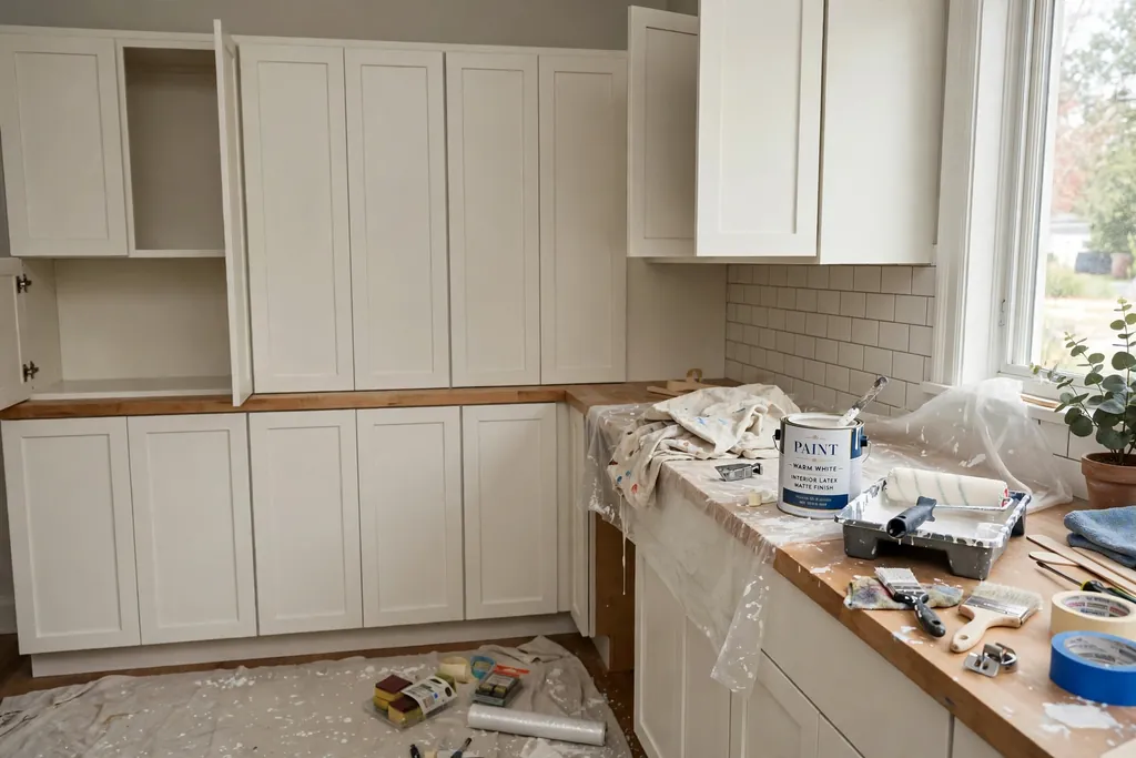 Freshly repainted warm white kitchen cabinets with paint supplies nearby.