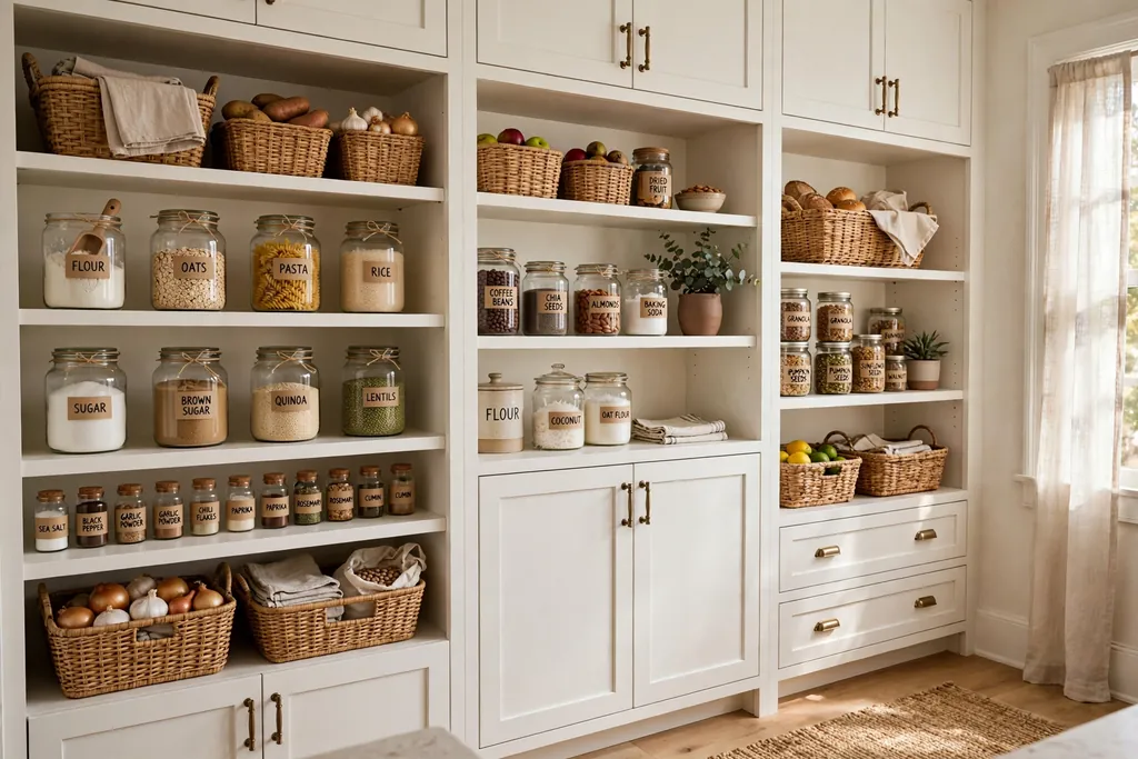 Tall white pantry cabinets with baskets and jars for dry goods.