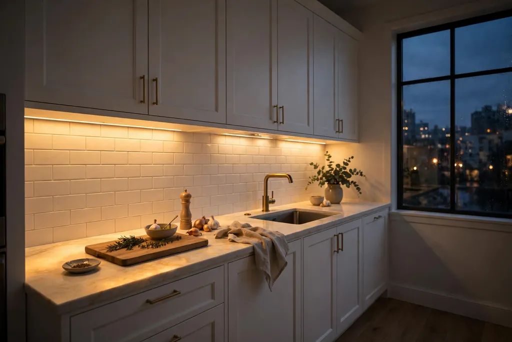 White kitchen cabinets with warm under cabinet lighting in the evening.