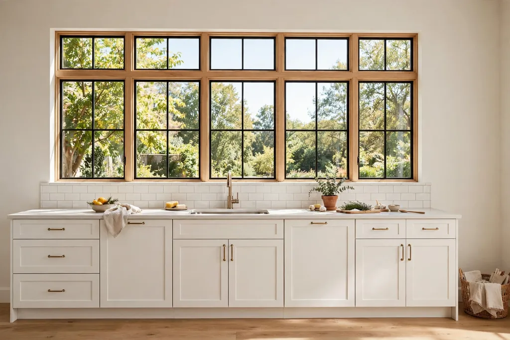 White base cabinets below a wide kitchen window with no upper cabinets.