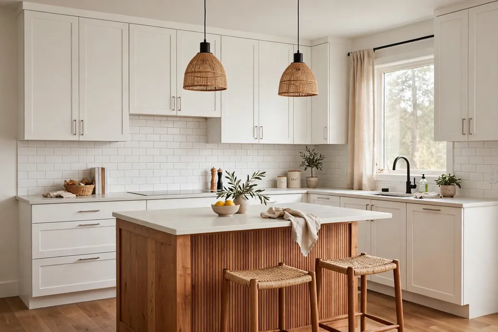 Kitchen with white wall cabinets and a warm wood island base.