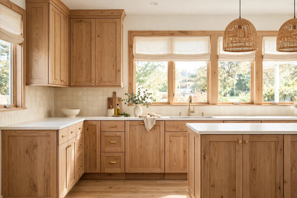 Kitchen with white oak Shaker cabinets, a plain white counter, and a cream tile backsplash.
