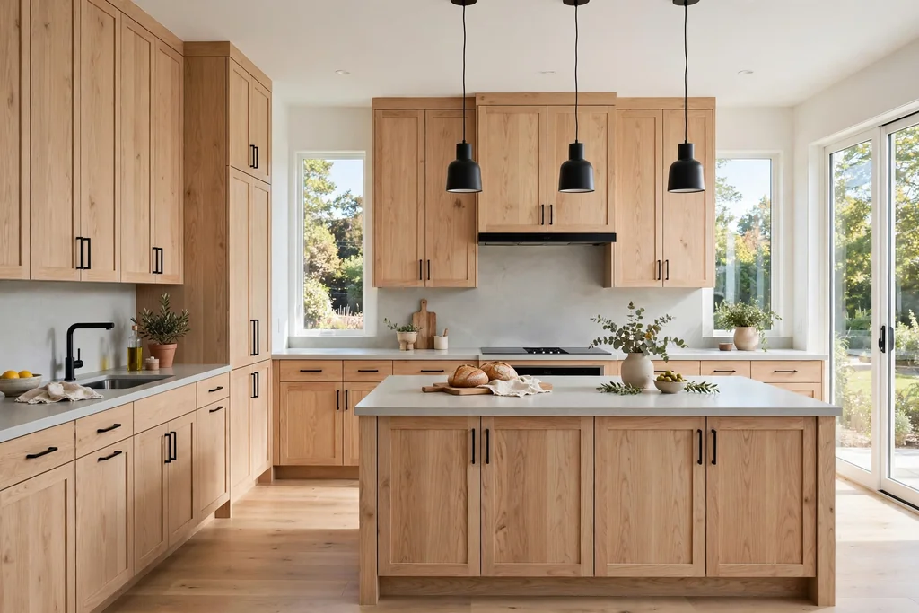 Modern kitchen with white oak flat-panel cabinets, pale grey counters, and black handles.