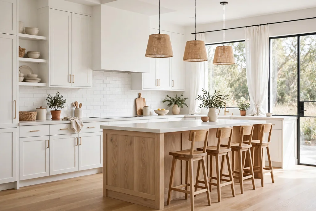 White kitchen with a white oak island base, wood stools, and a pale counter.