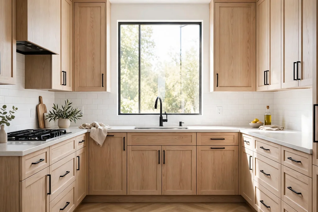 Kitchen with white oak cabinets, matte black handles, and a black tap.