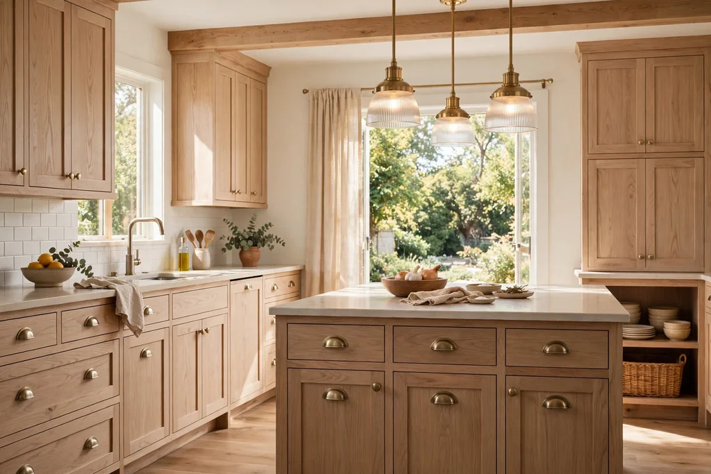 Kitchen with white oak cabinets, brushed brass knobs, and cup pulls.