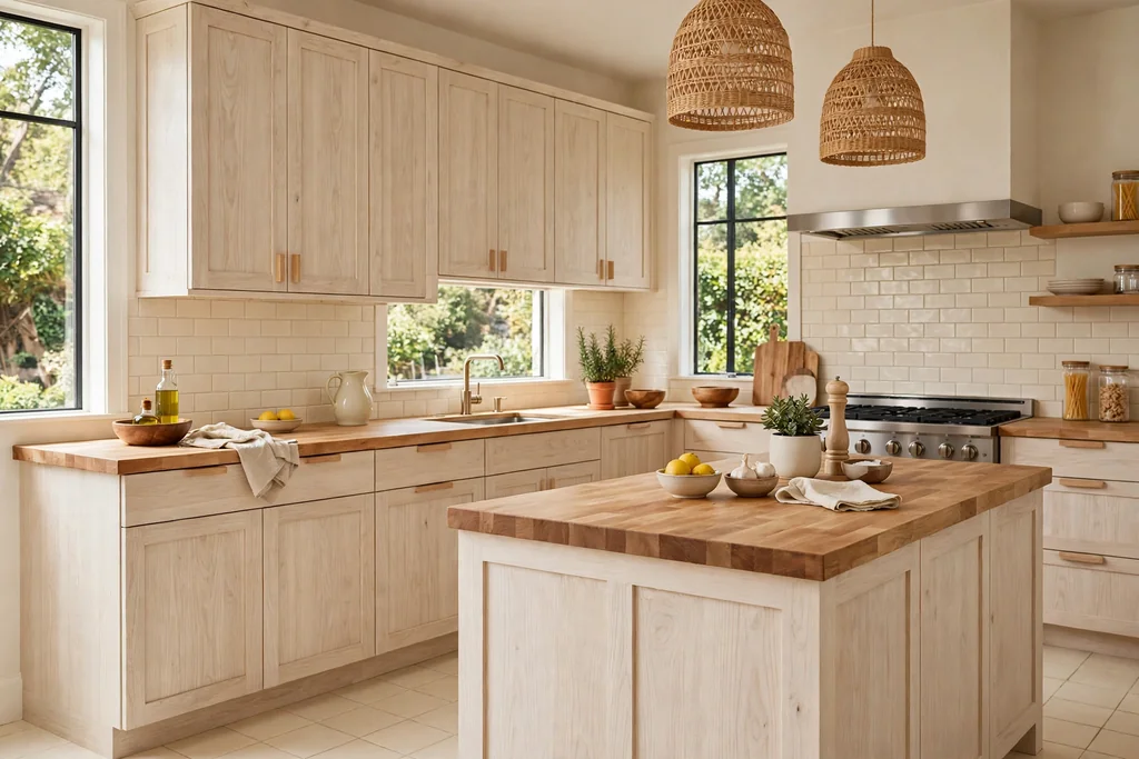 Kitchen with white oak cabinets, butcher block counters, and cream tiles.