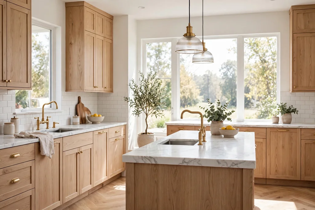 Kitchen with white oak cabinets, white marble-look counters, and brass taps.