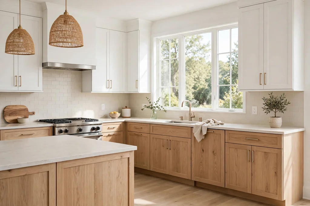Kitchen with white oak lower cabinets, white upper cabinets, and a pale backsplash.