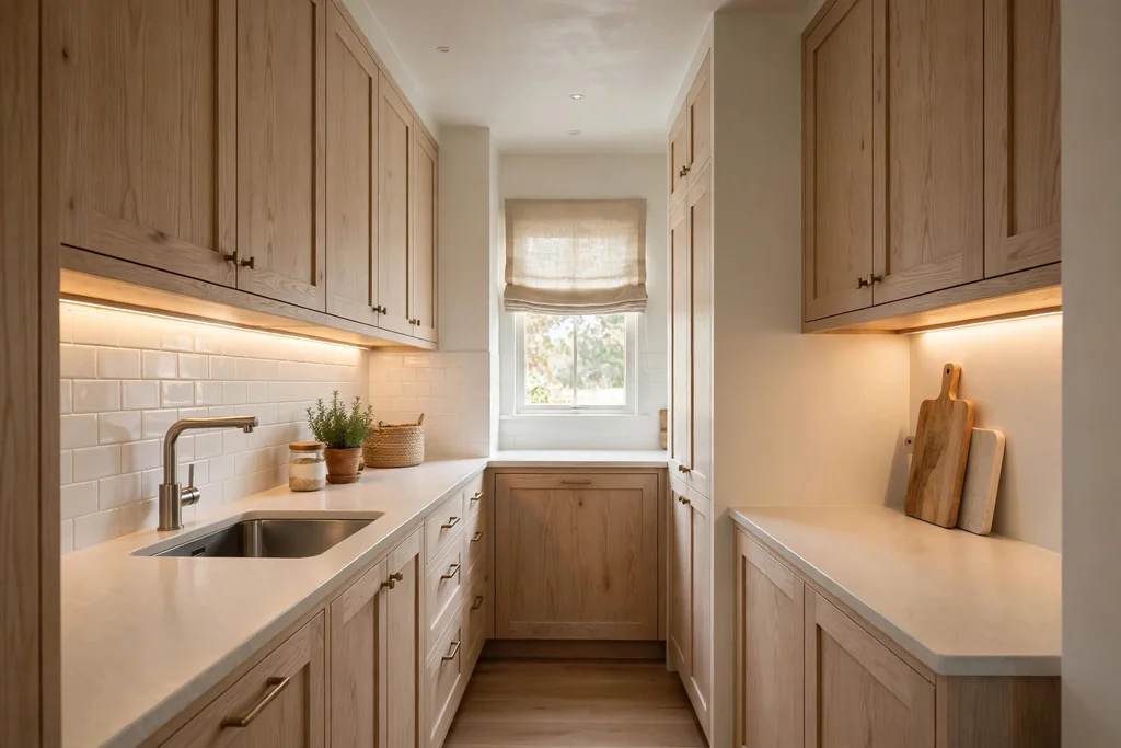 Small galley kitchen with white oak cabinets, pale counters, and warm under-cabinet lighting.