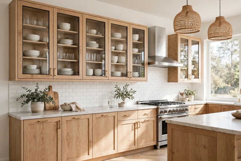 Kitchen with white oak glass-front upper cabinets displaying white dishes and clear glasses.