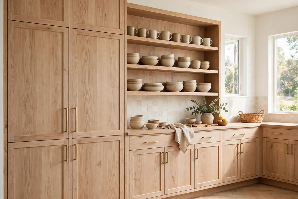 Kitchen with white oak cabinets beside matching open wood shelves holding mugs and bowls.