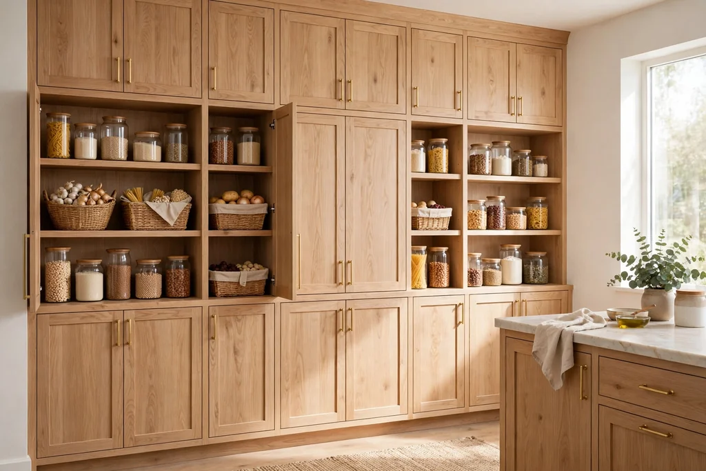 Floor-to-ceiling white oak pantry cabinets with baskets and jars for dry goods.