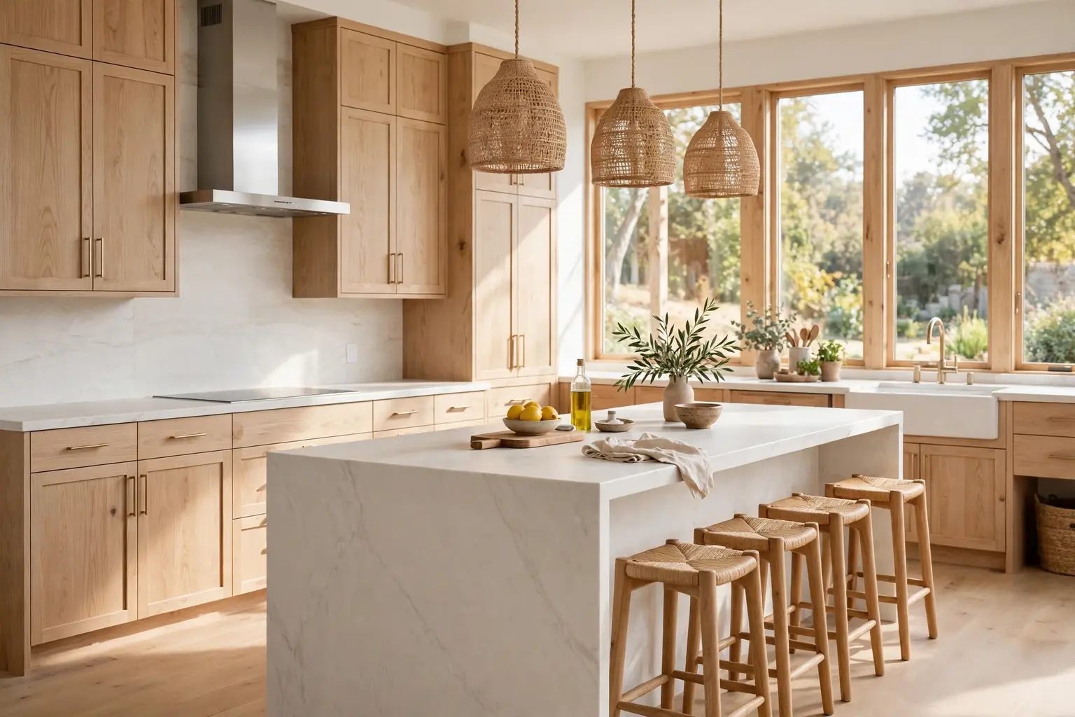 Bright kitchen with white oak cabinets, white stone counters, and wood stools beside a large island.