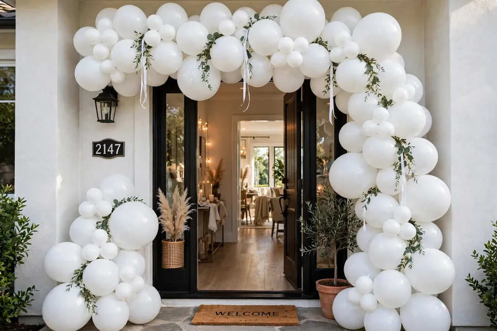 White balloon arch over a home entry doorway for a party.