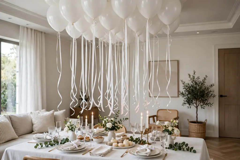White balloon cluster gathered at a living room ceiling with hanging ribbons.